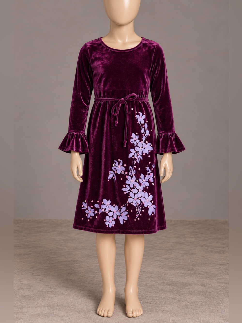 Speechless Girls Velvet Floral Dress 12 Purple Plum Long Sleeve Ruffle Sleeve
